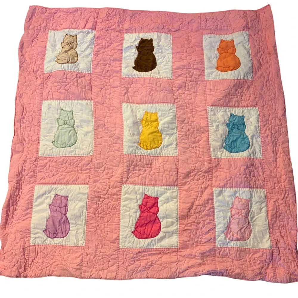 Vtg Handmade Baby Quilt Pink Applique Kitty Cat Cottagecore Nursery Blanket 39
